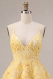 Light Yellow Sparkly Beaded Floral A-Line Short Cocktail Dress with Ruffles