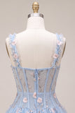 Light Blue Floral Sparkly Sequins Corset Bubble Short A-Line Cocktail Dress