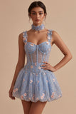 Light Blue Floral Sparkly Sequins Corset Bubble Short A-Line Cocktail Dress