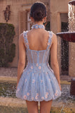 Light Blue Floral Sparkly Sequins Corset Bubble Short A-Line Cocktail Dress