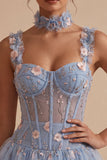 Light Blue Floral Sparkly Sequins Corset Bubble Short A-Line Cocktail Dress