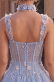Light Blue Floral Sparkly Sequins Corset Bubble Short A-Line Cocktail Dress