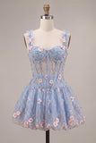 Light Blue Floral Sparkly Sequins Corset Bubble Short A-Line Cocktail Dress