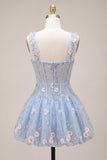 Light Blue Floral Sparkly Sequins Corset Bubble Short A-Line Cocktail Dress