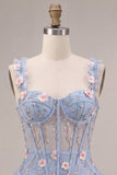 Light Blue Floral Sparkly Sequins Corset Bubble Short A-Line Cocktail Dress