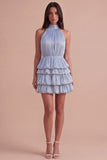 Dusty Blue High Neck Ruched A-Line Tiered Short Cocktail Dress