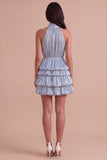 Dusty Blue High Neck Ruched A-Line Tiered Short Cocktail Dress