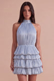 Dusty Blue High Neck Ruched A-Line Tiered Short Cocktail Dress
