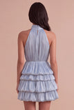 Dusty Blue High Neck Ruched A-Line Tiered Short Cocktail Dress