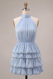 Dusty Blue High Neck Ruched A-Line Tiered Short Cocktail Dress
