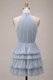 Dusty Blue High Neck Ruched A-Line Tiered Short Cocktail Dress