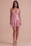 Sparkly Pink Sequins Ruffled Spaghetti Straps Tiered Short Cocktail Dress