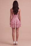 Sparkly Pink Sequins Ruffled Spaghetti Straps Tiered Short Cocktail Dress