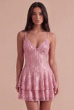 Sparkly Pink Sequins Ruffled Spaghetti Straps Tiered Short Cocktail Dress
