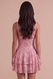Sparkly Pink Sequins Ruffled Spaghetti Straps Tiered Short Cocktail Dress