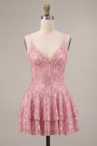 Sparkly Pink Sequins Ruffled Spaghetti Straps Tiered Short Cocktail Dress