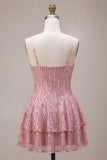 Sparkly Pink Sequins Ruffled Spaghetti Straps Tiered Short Cocktail Dress