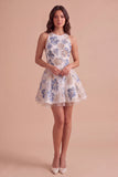 White Plum Floral A-Line Round Neck Short Cocktail Dress