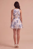 White Plum Floral A-Line Round Neck Short Cocktail Dress