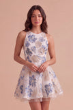 White Plum Floral A-Line Round Neck Short Cocktail Dress
