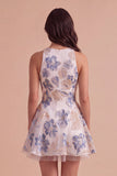 White Plum Floral A-Line Round Neck Short Cocktail Dress