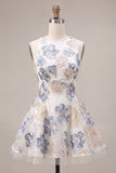 White Plum Floral A-Line Round Neck Short Cocktail Dress