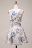 White Plum Floral A-Line Round Neck Short Cocktail Dress