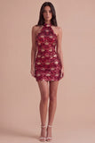 Spakly Burgundy Bodycon Halter Short Cocktail Dress with Sequins