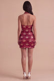 Spakly Burgundy Bodycon Halter Short Cocktail Dress with Sequins