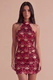 Spakly Burgundy Bodycon Halter Short Cocktail Dress with Sequins