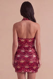 Spakly Burgundy Bodycon Halter Short Cocktail Dress with Sequins