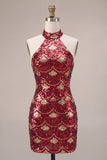 Spakly Burgundy Bodycon Halter Short Cocktail Dress with Sequins