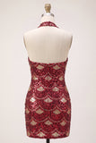 Spakly Burgundy Bodycon Halter Short Cocktail Dress with Sequins