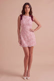 Pink Bodycon Boat Neck Floral Short Cocktail Dress with Bow
