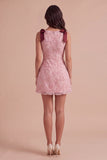 Pink Bodycon Boat Neck Floral Short Cocktail Dress with Bow