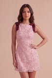Pink Bodycon Boat Neck Floral Short Cocktail Dress with Bow