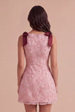 Pink Bodycon Boat Neck Floral Short Cocktail Dress with Bow