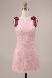 Pink Bodycon Boat Neck Floral Short Cocktail Dress with Bow