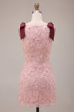 Pink Bodycon Boat Neck Floral Short Cocktail Dress with Bow