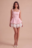 Pink Square Neck Tiered Short Ruffled A-Line Cocktail Dress with Bow