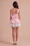 Pink Square Neck Tiered Short Ruffled A-Line Cocktail Dress with Bow