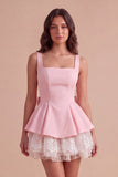 Pink Square Neck Tiered Short Ruffled A-Line Cocktail Dress with Bow