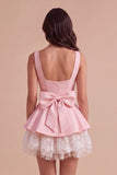 Pink Square Neck Tiered Short Ruffled A-Line Cocktail Dress with Bow