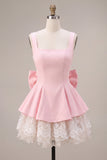 Pink Square Neck Tiered Short Ruffled A-Line Cocktail Dress with Bow