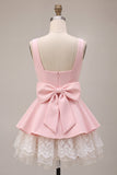Pink Square Neck Tiered Short Ruffled A-Line Cocktail Dress with Bow