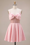 Pink Corset A-Line Spaghetti Straps Short Cocktail Dress with Bow