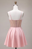 Pink Corset A-Line Spaghetti Straps Short Cocktail Dress with Bow