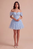 Sparkly Sequins Sky Blue A-Line Off the Shoulder Short Cocktail Dress