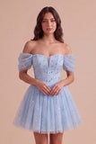 Sparkly Sequins Sky Blue A-Line Off the Shoulder Short Cocktail Dress