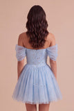 Sparkly Sequins Sky Blue A-Line Off the Shoulder Short Cocktail Dress